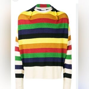 JW Anderson Colorful Striped Linen Crew Neck Sweater with Pleated Neck Detail.